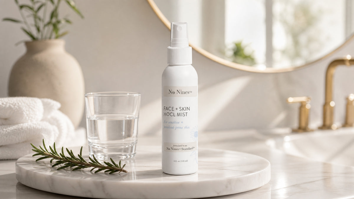 No Nines Face + Skin mist on a bathroom vanity